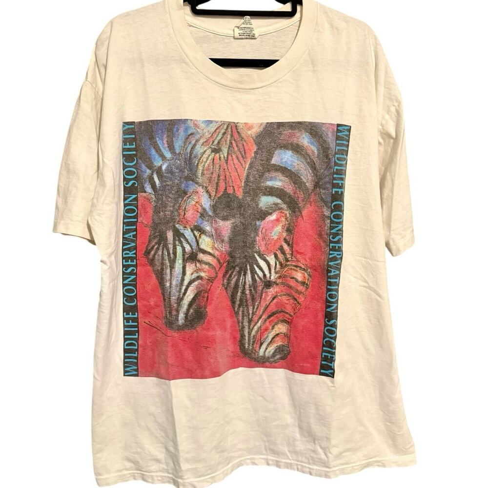 Vintage 90s Zebras Art Wildlife Conservation Society Single Stitch Shirt XXL